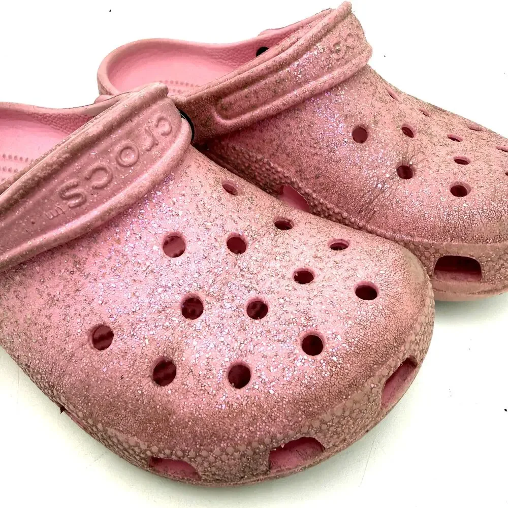 Crocs Youth Kids Pink Classic Glitter Clogs Sandals Size 2
